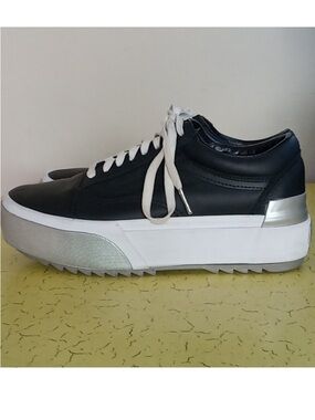 Vans Black Leather Platform Sneakers with Silver Accent